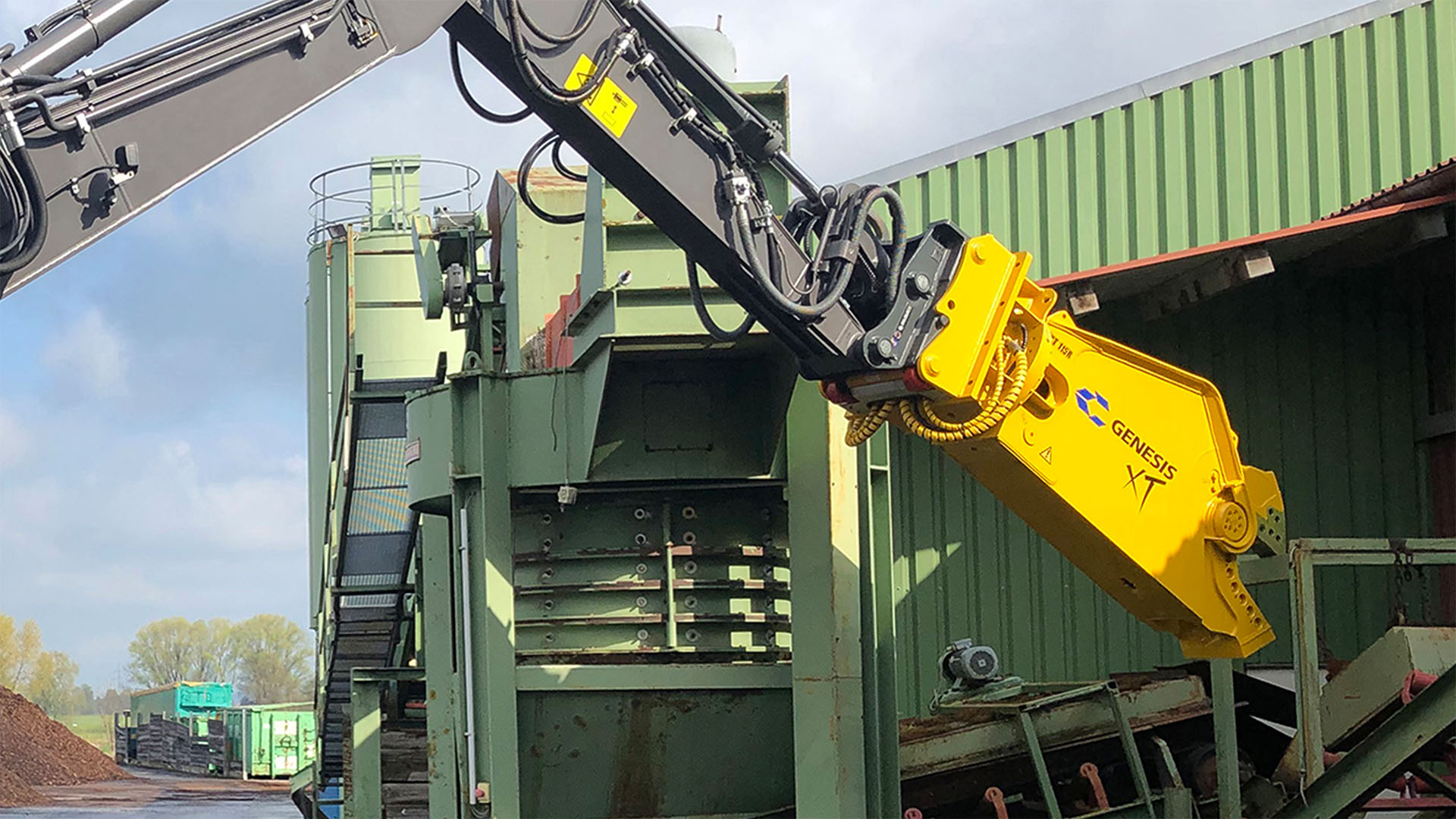 Genesis Steel Shear in Steel Demolition Genesis XT hydraulic steel shear mounted on an excavator during the demolition of a steel structure